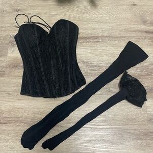 Woman’s Sexy Black Lace size small corset with two pairs of knee high stockings